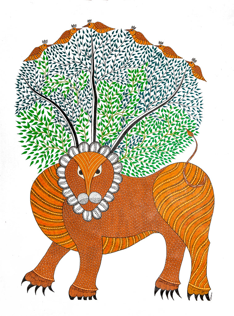 Wildlife lion Painting | Gond Art | Bastar Art | Home Décor | Printed Tribal Painting | Wall décor BG025