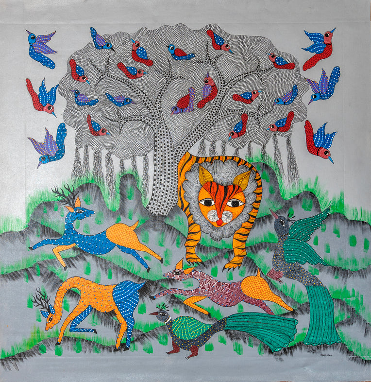 Lion Wildlife Painting | Gond Art | Bastar Art | Home Décor | Printed Tribal Painting | Wall décor BG033