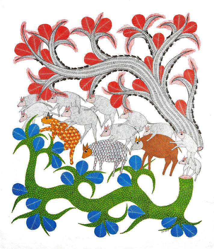 Adorable Animal-Tree Painting | Gond Art | Bastar Art | Home Décor | Printed Tribal Painting | Wall décor BG054