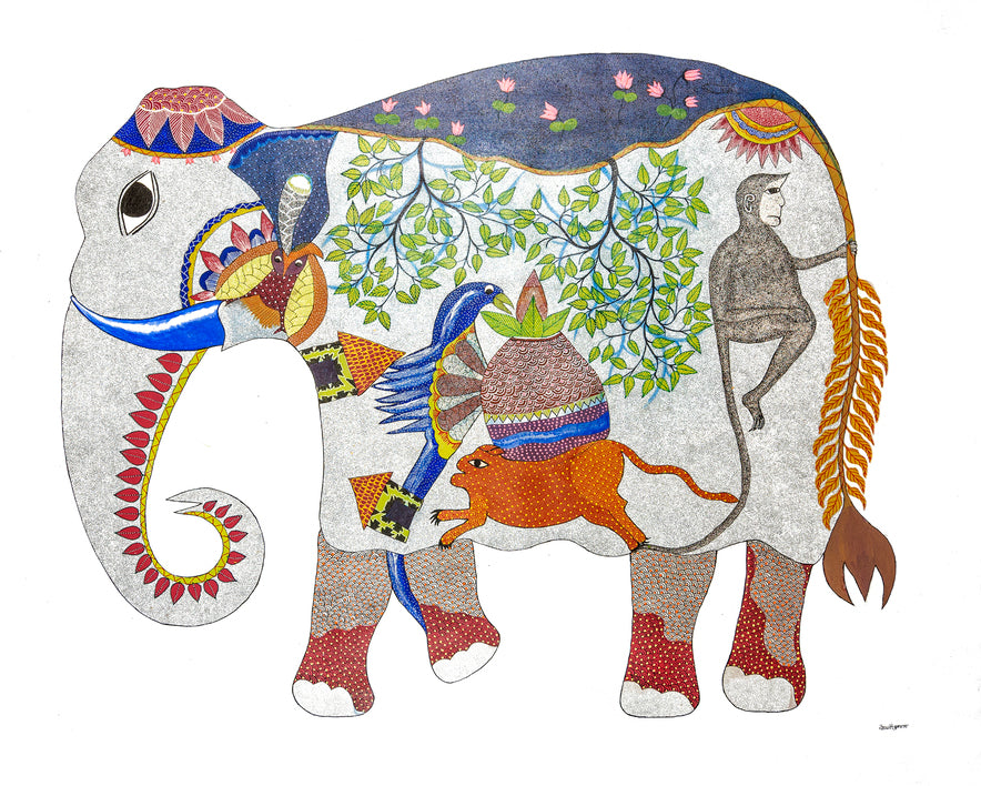 Exquisite Elephant Painting | Gond Art | Bastar Art | Home Décor | Printed Tribal Painting | Wall décor BG057