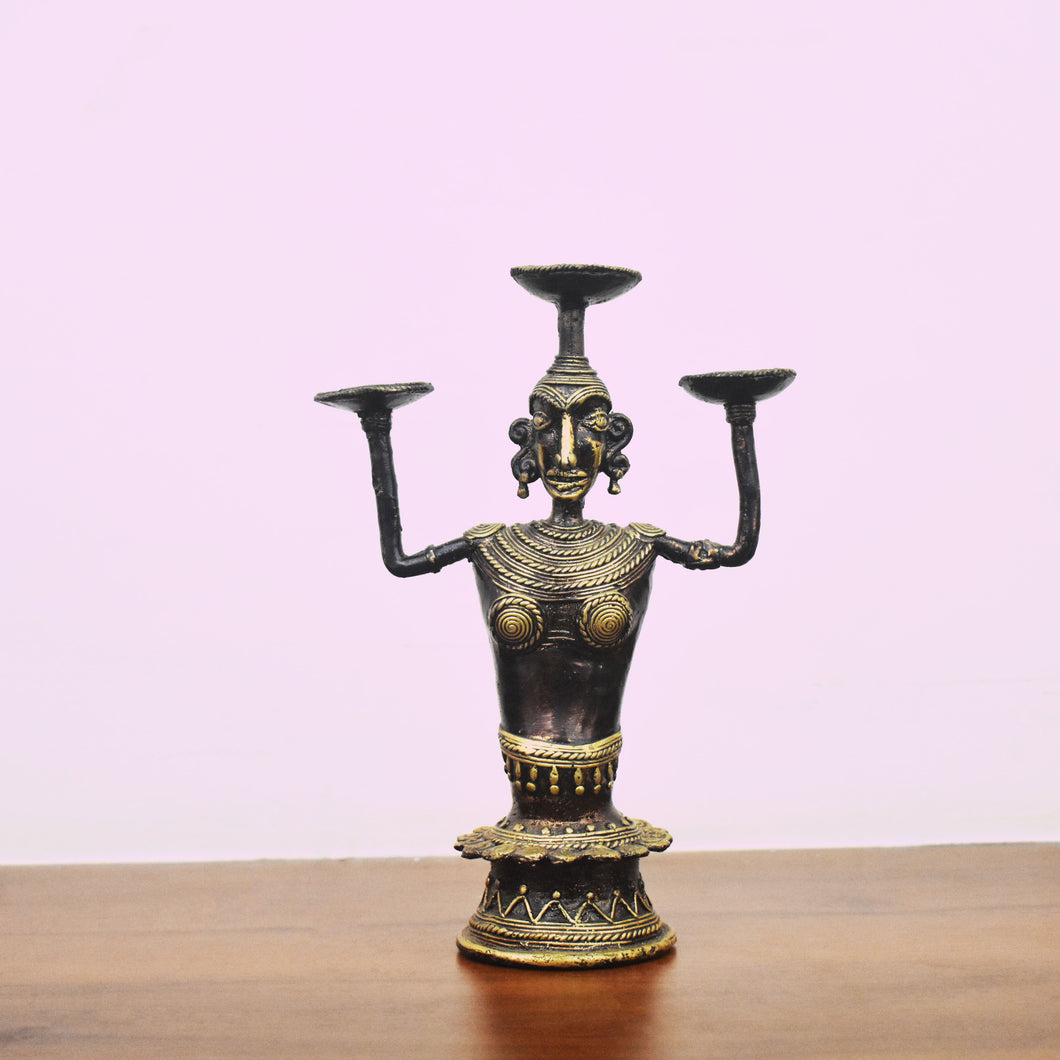 Bastar Art | Women Tripple Candle Stand | Tribal Handicraft | Home decor | BT015