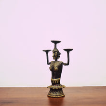 Load image into Gallery viewer, Bastar Art | Women Tripple Candle Stand | Tribal Handicraft | Home decor | BT015
